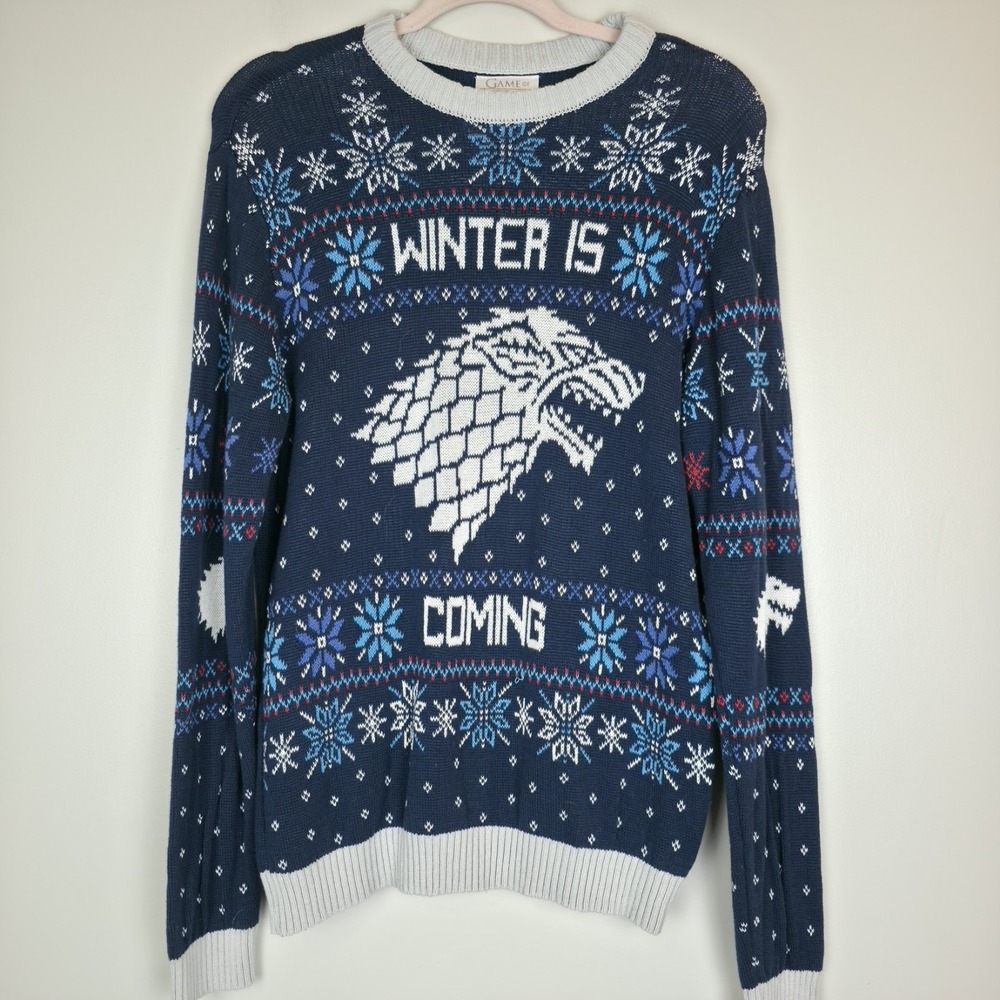 Game Of Thrones Winter Is Coming Navy Blue Crew Neck Holiday Sweater Medium.E70